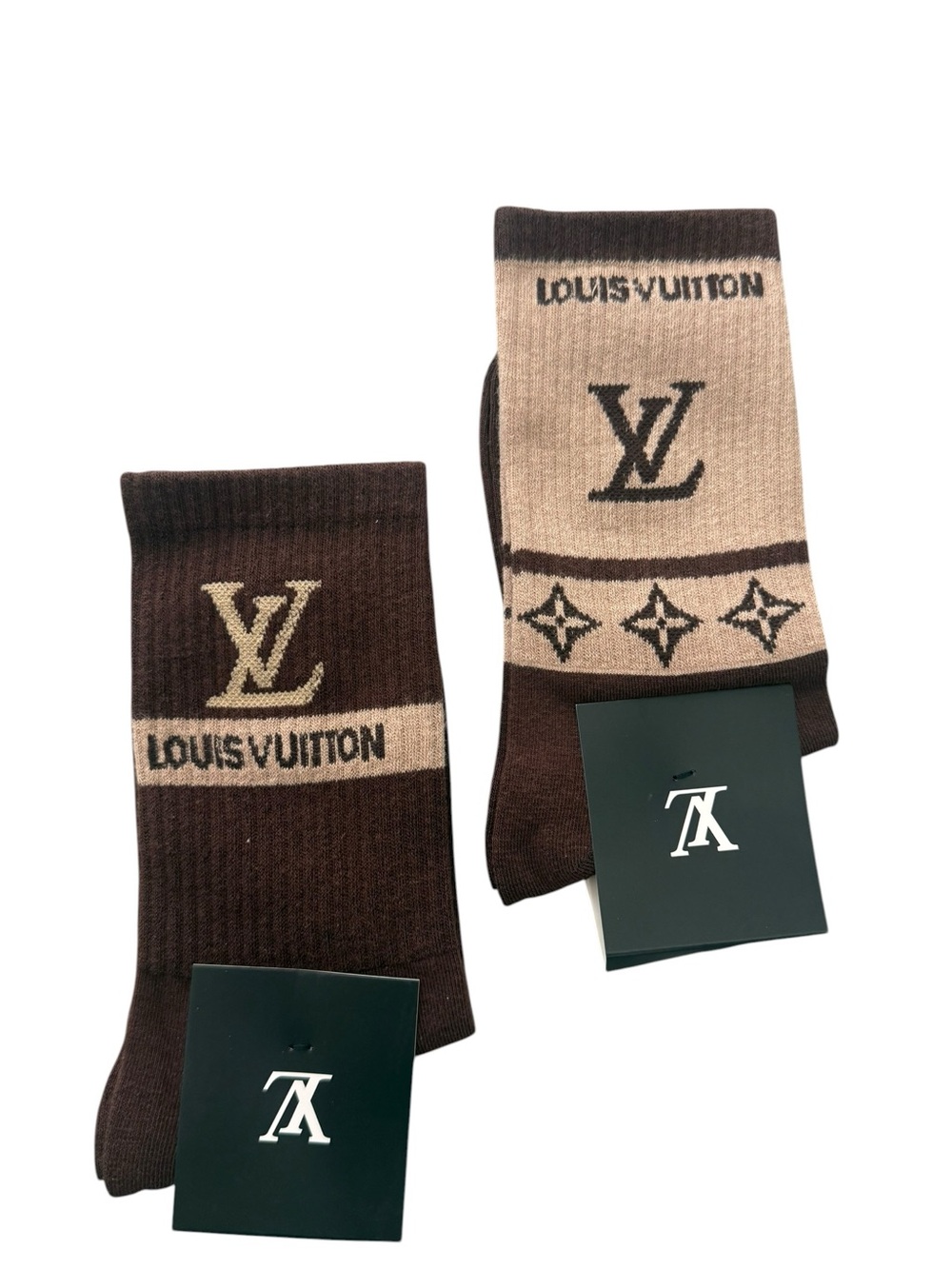 2 Pair Louis Vuitton Outlet Monogram Black & Beige Men's Socks